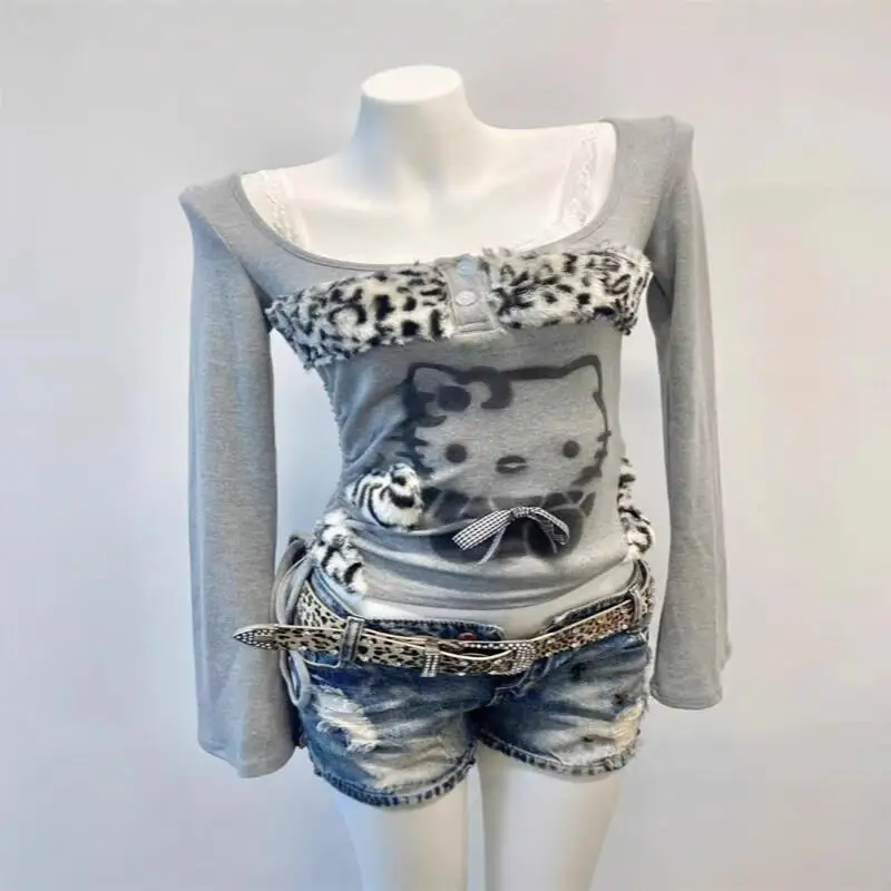

Sanrio Hello Kitty Kitten Print T Shirt Women Hot Girl Autumn Winter Long Sleeve American Style Patchwork Drawstring Slim Fit
