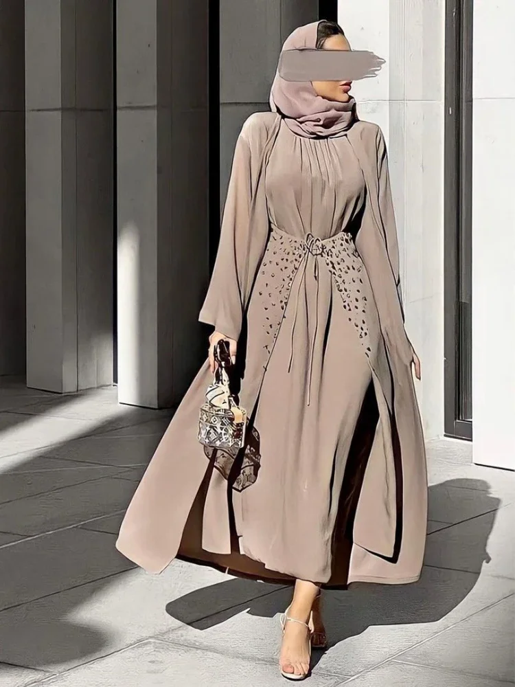 3 Piece Set for Women Muslim Open Abaya Dress Wrap Skirt Matching Suit Sets Kimono Abayas for Women Dubai Turkey Islam Outfit