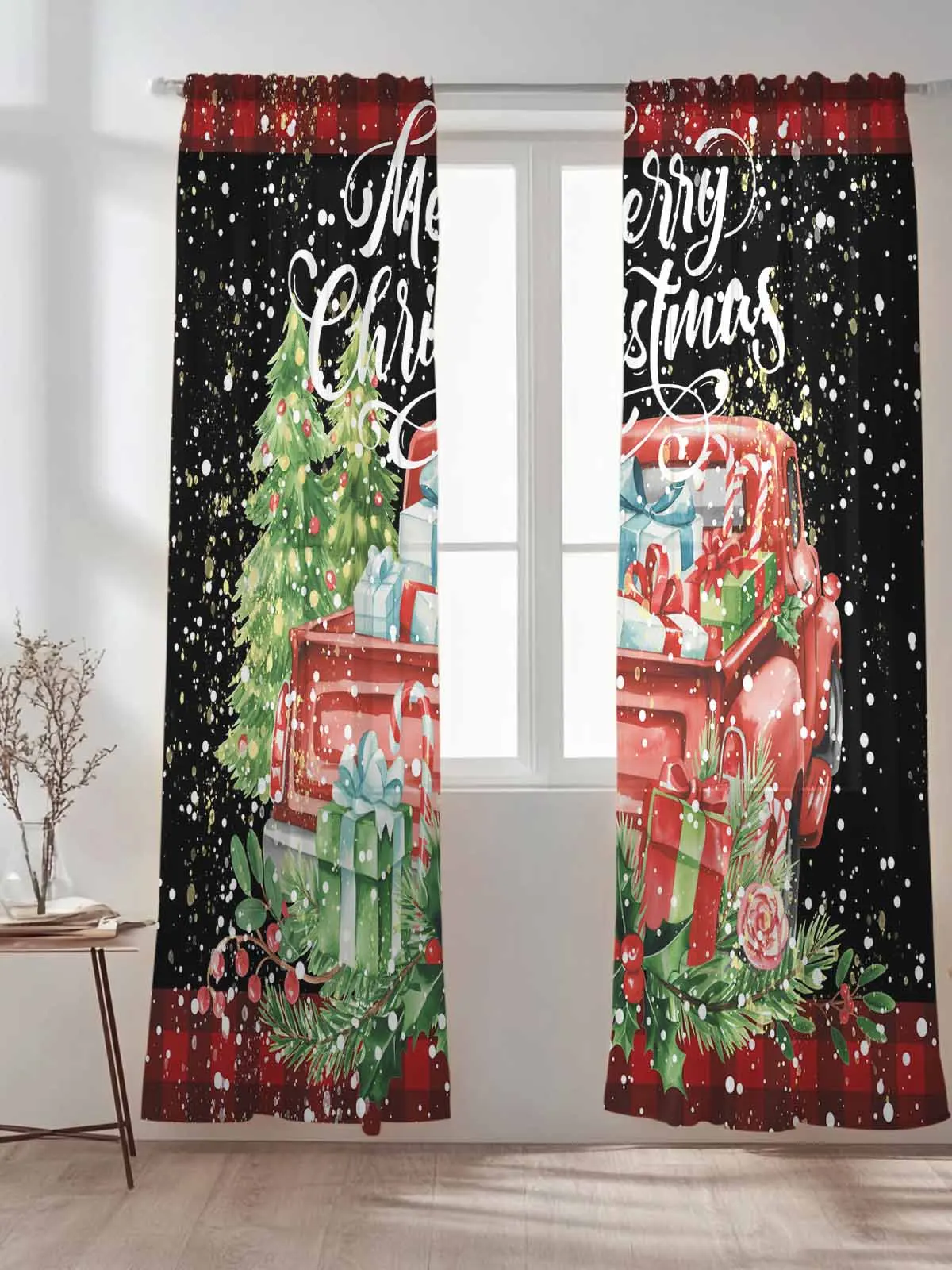 

Winter Snowflake Truck Plaid Tulle Sheer Curtains for Living Room Bedroom Kitchen Decoration Voile Organza Curtains