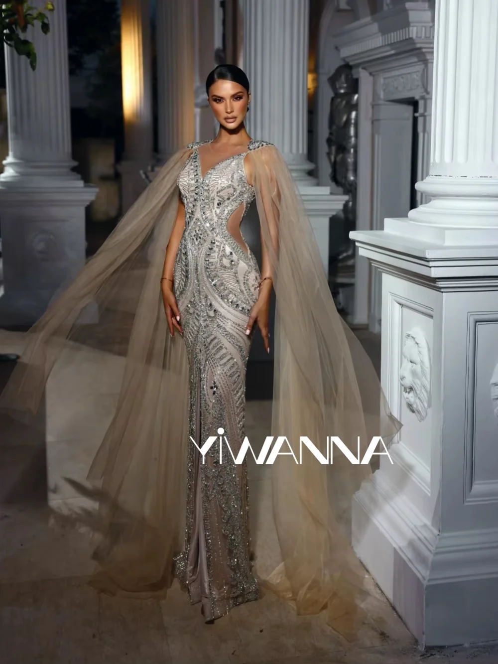 

Glimmering Crystal Floor-length Evening Dress With Slit Stylish Cape Sleeve Sheath Wedding Party Gown Customized Prom Dresses