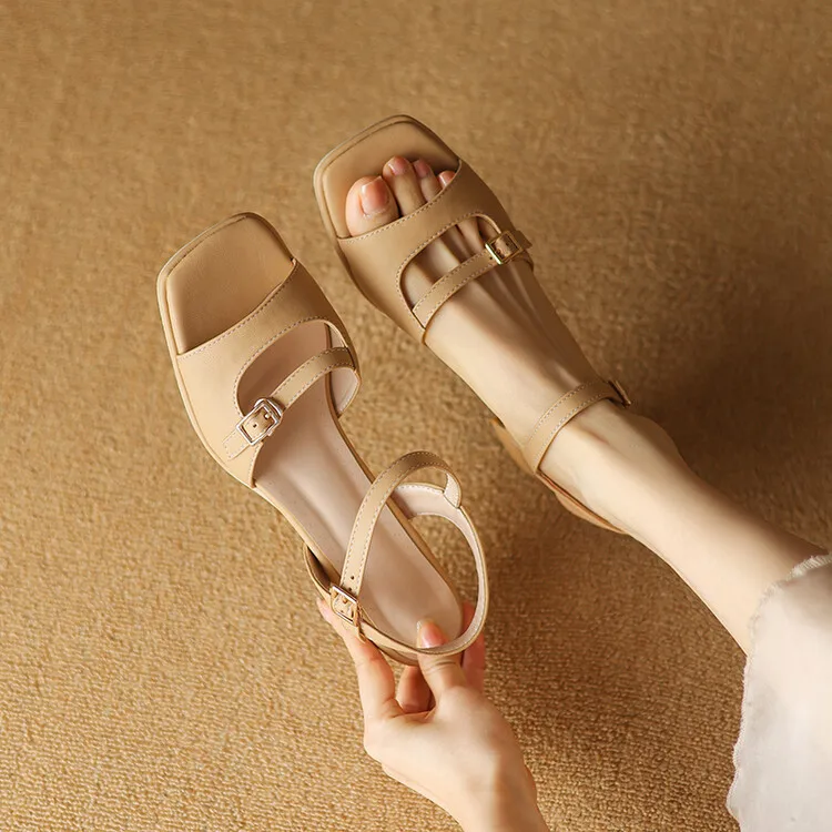 Large Size Open Toe Med Low Sandals Woman Leather Velvet Shoes Suit Female Beige Summer Heels Big Peep Medium Low-heeled Suede B