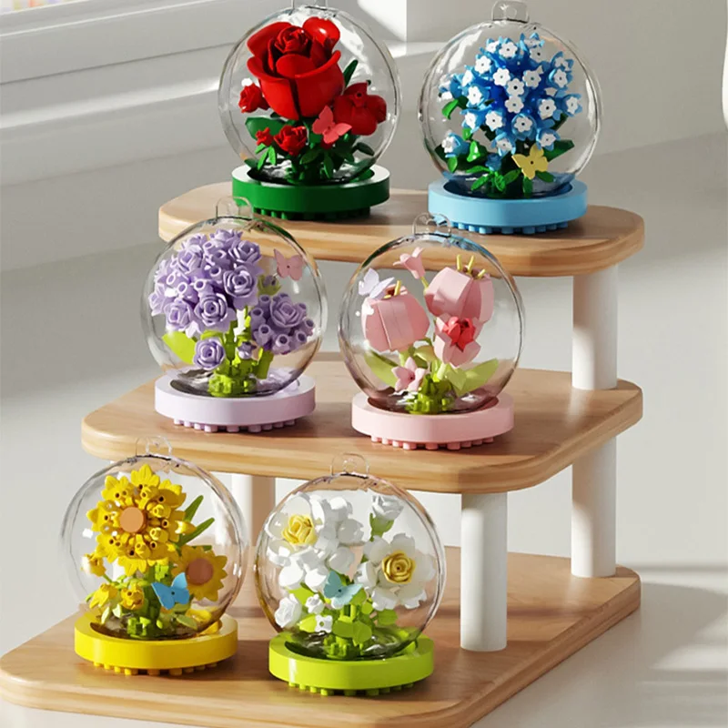 MOC Eternal Flower Crystal Ball Building Blocks Roses Tulip Baby's Breath Ornament Bricks Toys Kids Gift