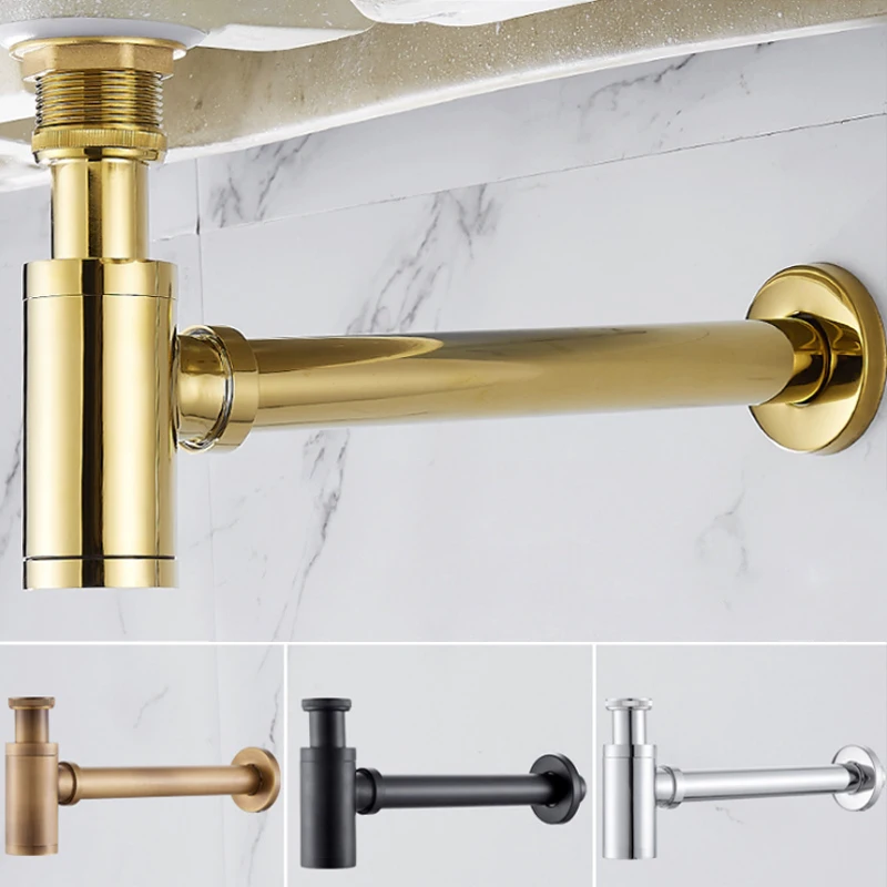 

High Quality Brass Body Basin Wast Drain Wall Connection Plumbing P-traps Wash Pipe Bathroom Sink Trap Black/Brushed Gold/Chrome