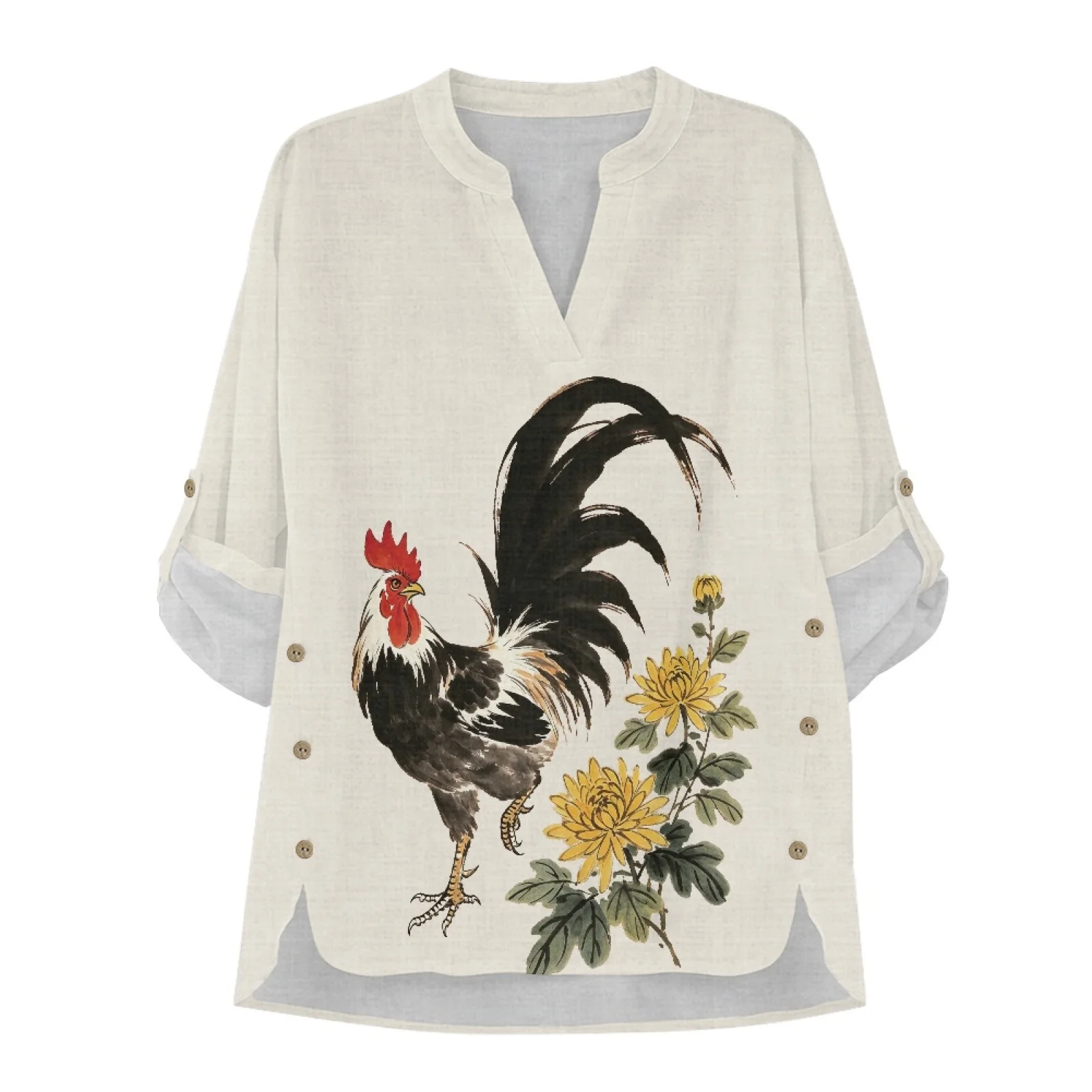 PENSTROLL Ink Rooster Floral Long Sleeve V Neck Blouse, Linen Like Notch V Neck Blouse, Sizes S-5XL Top for Women Everyday Wear