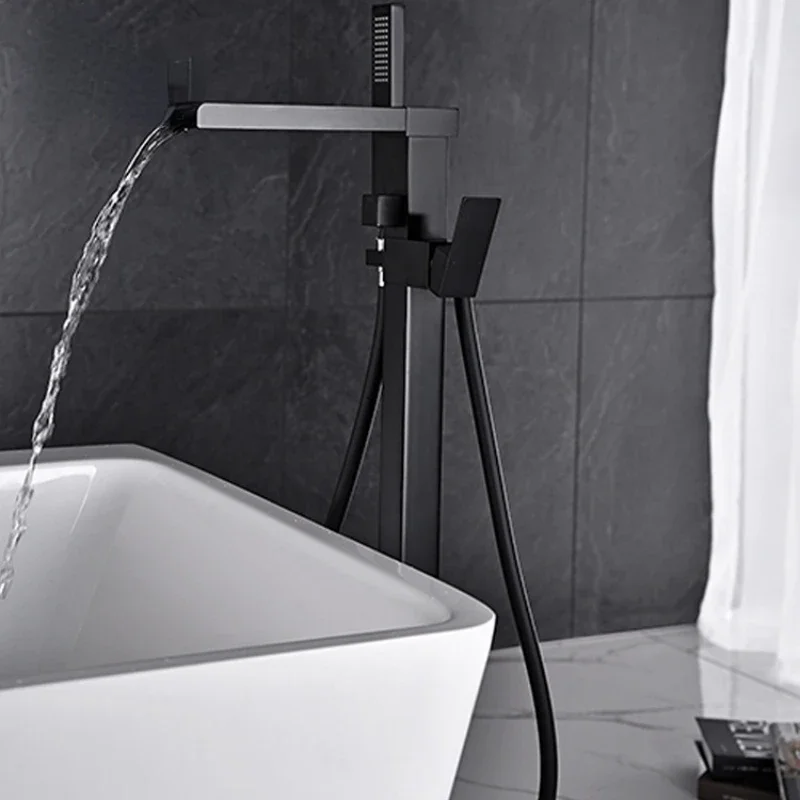 Stand alone style Contemporary waterfall faucet matter black floor standing shower set