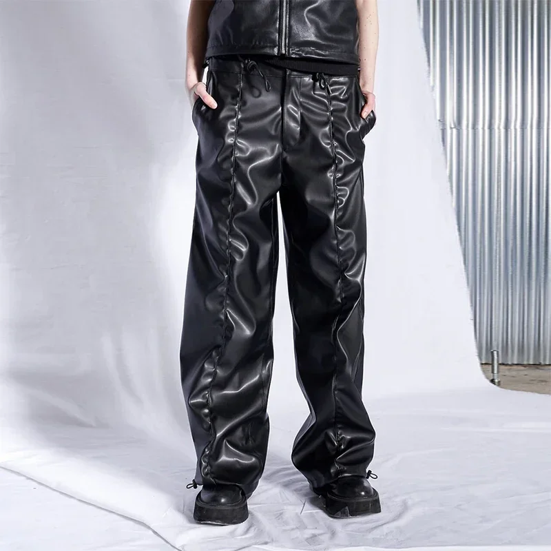 

Men's Hip-hop PU Leather Pants Loose Wide Leg Pants Pocket Male Chic Stretch PVC Pleated Straight Cargo Pants Wrinkle Custom