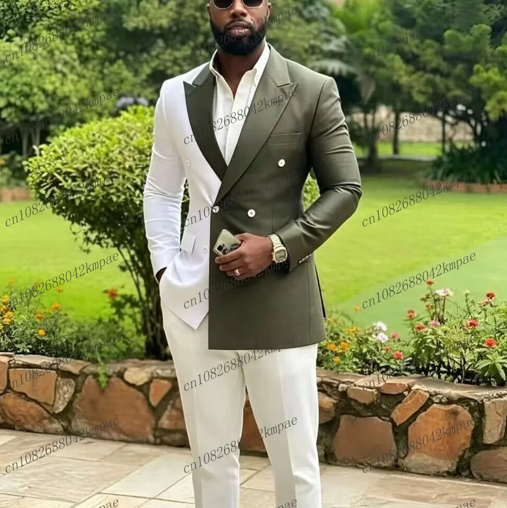 Traje verde militar y blanco para hombre, traje formal para novio, padrino de boda, fiesta de graduación, esmoquin de negocios para hombre, pantalones de 2 piezas