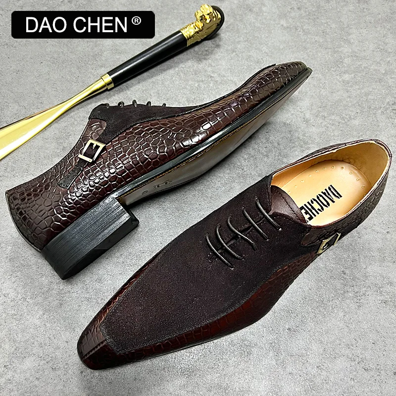 LUXURY MEN OXFORD SHOES LACE UP POINTED BLACK MACARON MEN DRESS SHOES SUEDE PATCHWORK CROCODILE PRINTS LEATHER SHOES MEN