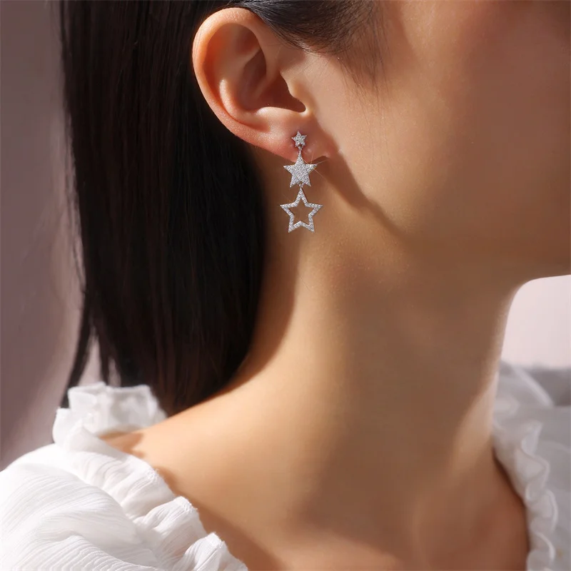 ZFSILVER Fashion Trendy Classic s925 Silver Color D Moissanite Dangle Star Earrings Charms Women Accessories Jewelry Gift E17081