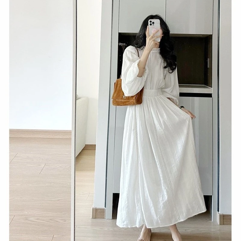 韓国シックな春フレンチ Simplici レーススタンドカラーパッチワークカットアウトレースかぎ針編みプリーツウエストタイトドレス女性