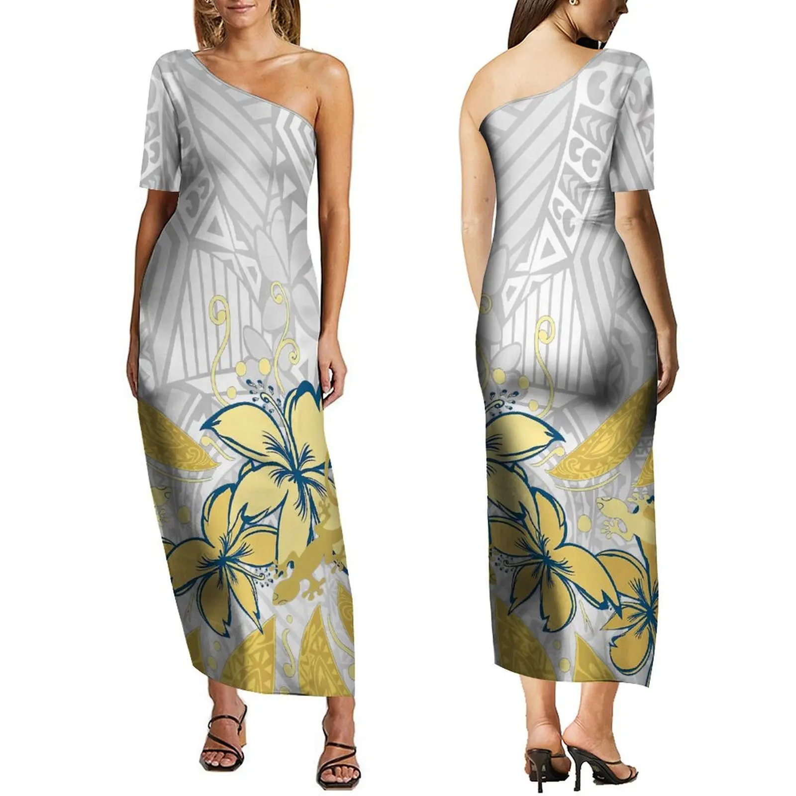 Women'S Short Sleeved Dress Polynesian Tribe Design Print Maxi Dress Hawaii Off-The-Shoulder Party Elegant Dress