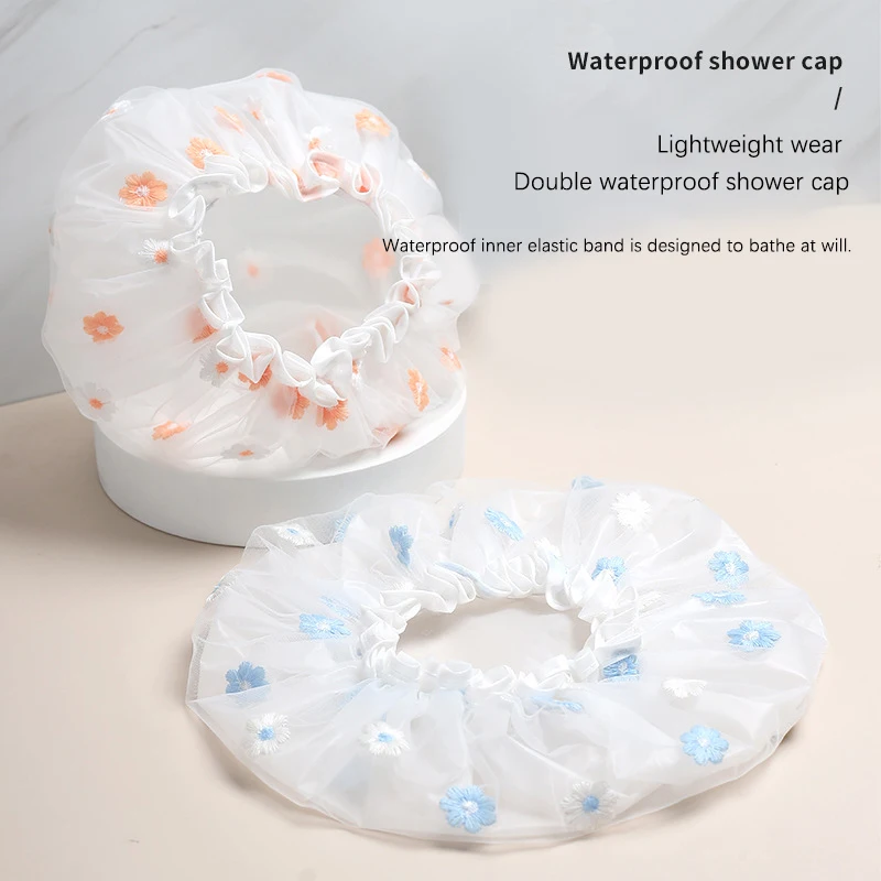 1Pcs Embroidered Flowers Bath Hat Double Layer Thickened Waterproof And Oil Fume Cap Shower Cap Bathroom Accessories Spa Hair