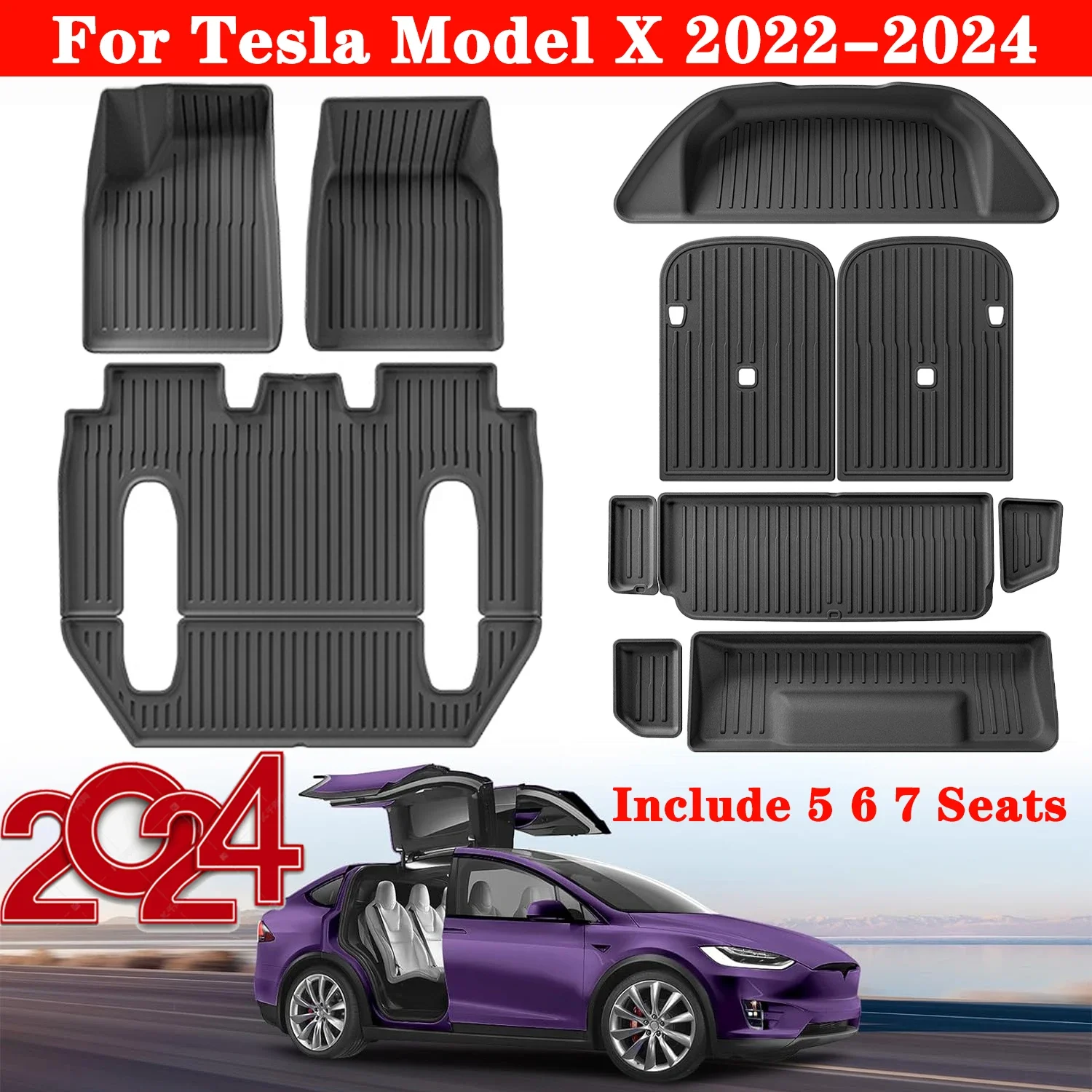 

For Tesla Model X 2024 2023 2022 5 6 7 Seater Floor Mats, Full Set Floor Liners Rear Back Seat Cover Trunk Mats and Cargo Liners