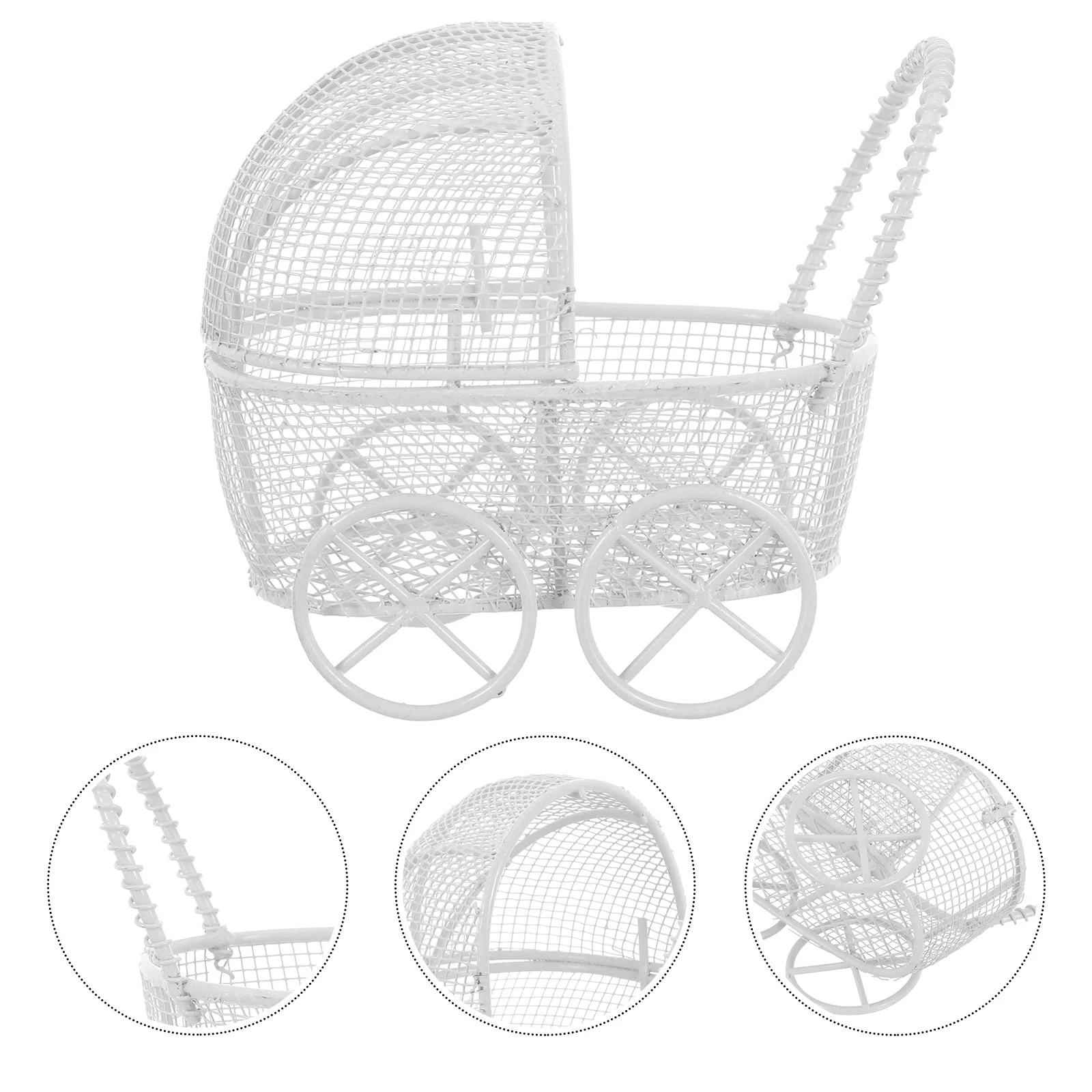 

4pcs Miniature Baby Realistic Simulation Dollhouse Pram Durable Iron Pretend Play Stroller For Kids Nursery Scene - Mini