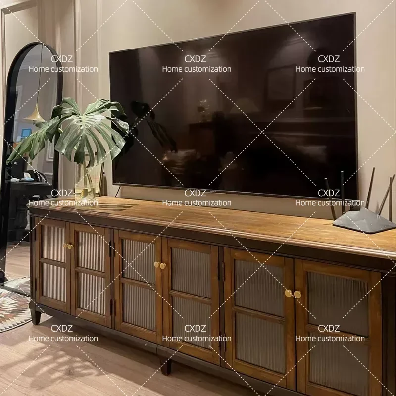 Rural Solid Wood Retro Coffee Table and TV Cabinet Combo with Changhong Glass Compact Audio Visual Stand for Small Apartments