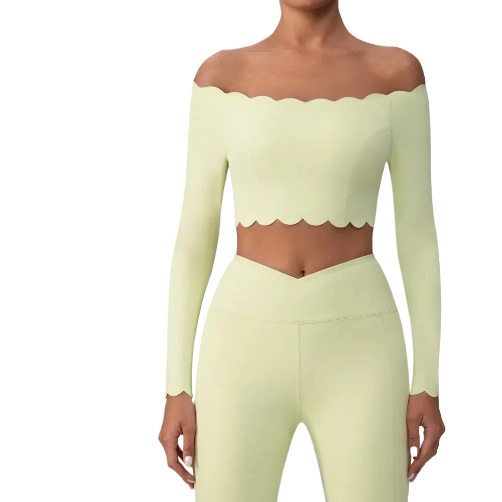 

Mermaid Curve New Off-shoulder Yoga Suit Top Push-up with Chest Pad Sports Bra Lace Small Chop Shoulder Long Sleeve Women