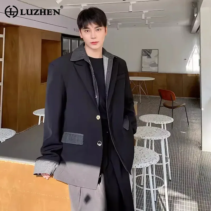LUZHEN 2026 Spring New Original Fake Two Piece Design Double Layer Neck Blazer Coat Men's Patchwork Pockets Male Clothes JY6245
