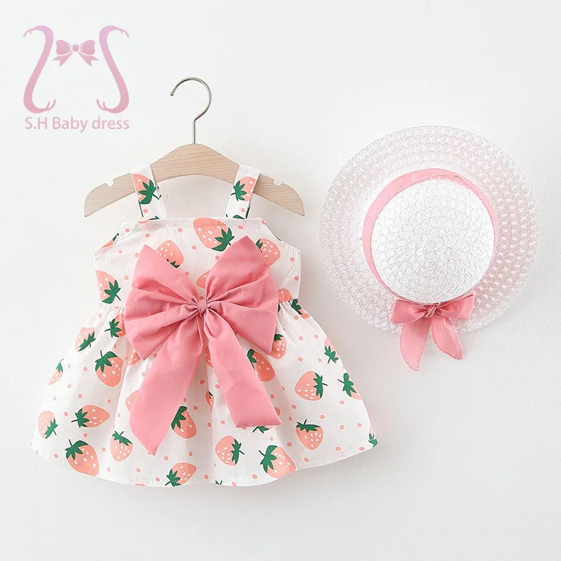 

2pcs Summer Baby Girls Dress Sweet Bow Strawberry Sleeveless Dress For Girls Baby Girl Clothes Party Dresses Send Hat