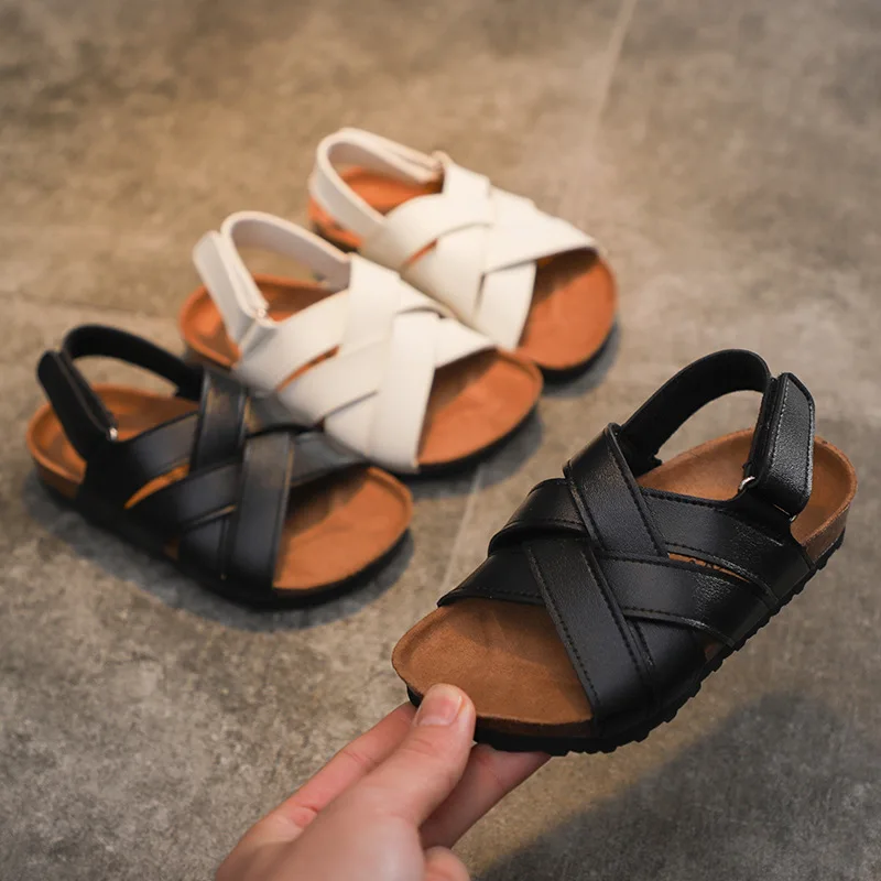 Boys Sandals Summer Kids Shoes Fashion Soft Sole Flats Toddler Casual Comfortable Beach Shoes Black White Girls Roman Sandals