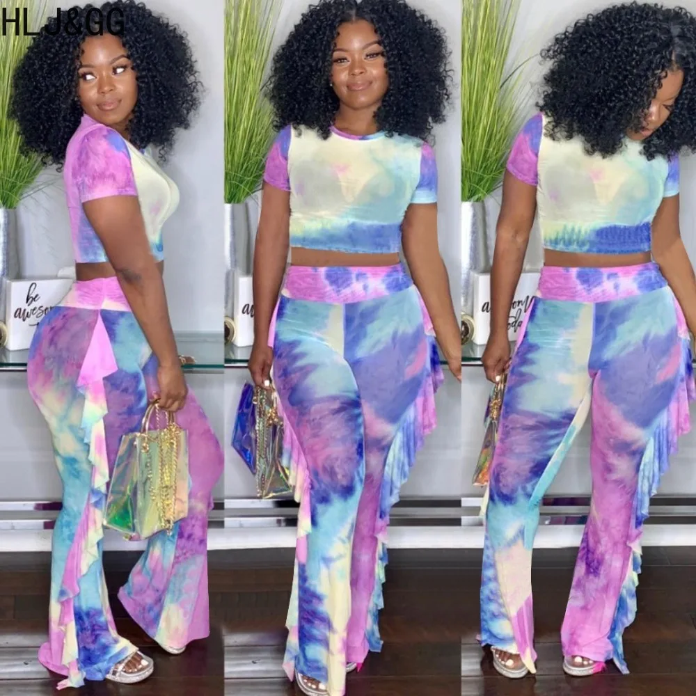 

HLJ&GG Fashion Tie Dye Print Mesh Perspective Two Piece Sets Women Round Neck Short Sleeve Crop Top And Ruffle Pants Outfit 2024