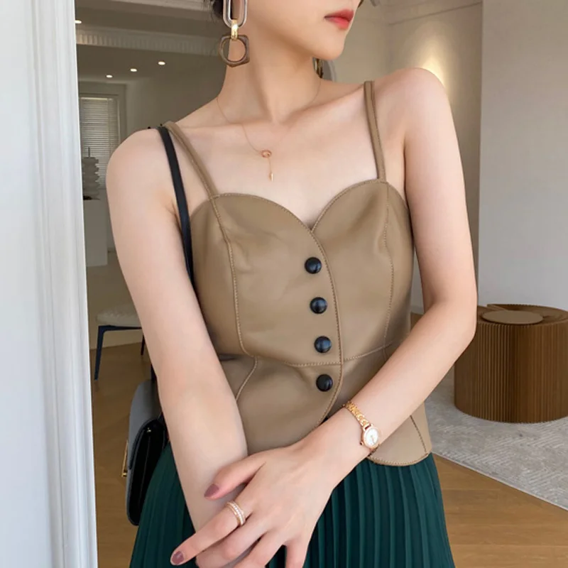 Super Stylish Sexy Babes Style Slim Fit Leather Camisole Women Sleeveless Genuine Sheepskin Black Vest Mujer Streetwear Sling