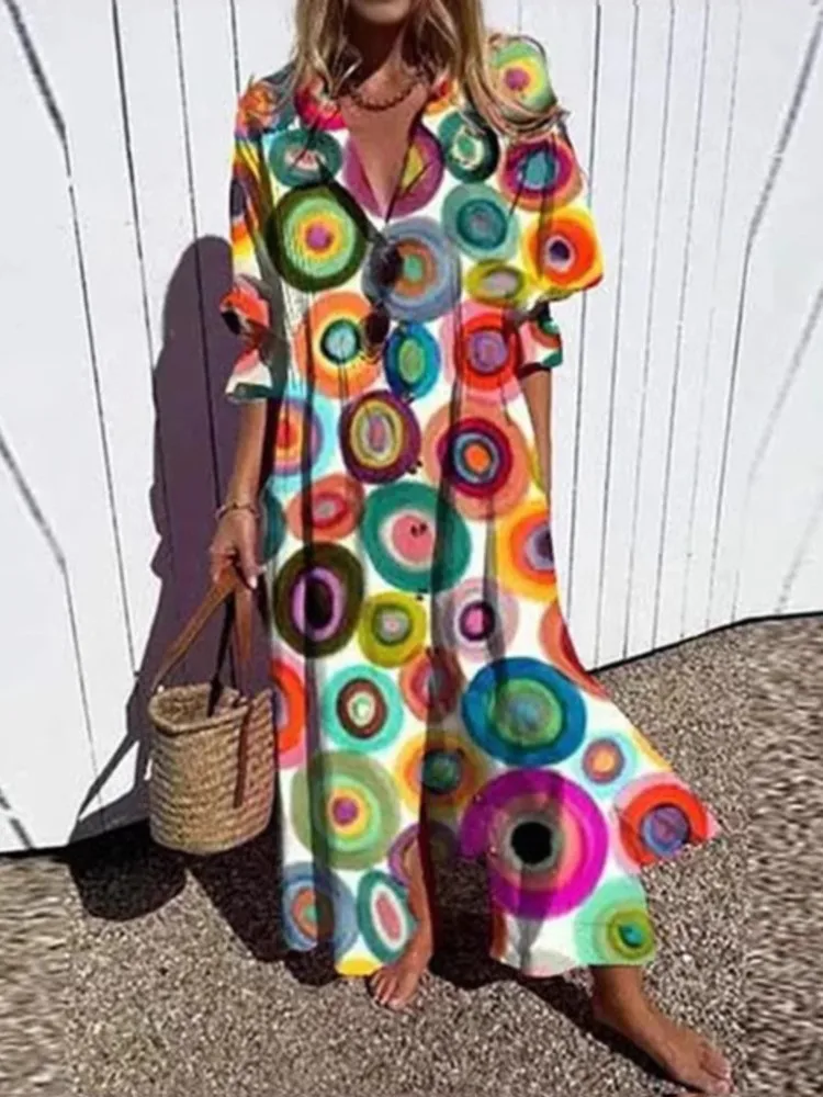 New Women's V-neck Single Breasted Shirt Dresses Casual Loose Bohemian Long Dress Retro Pattern Printed Loose Vacation Vestidos