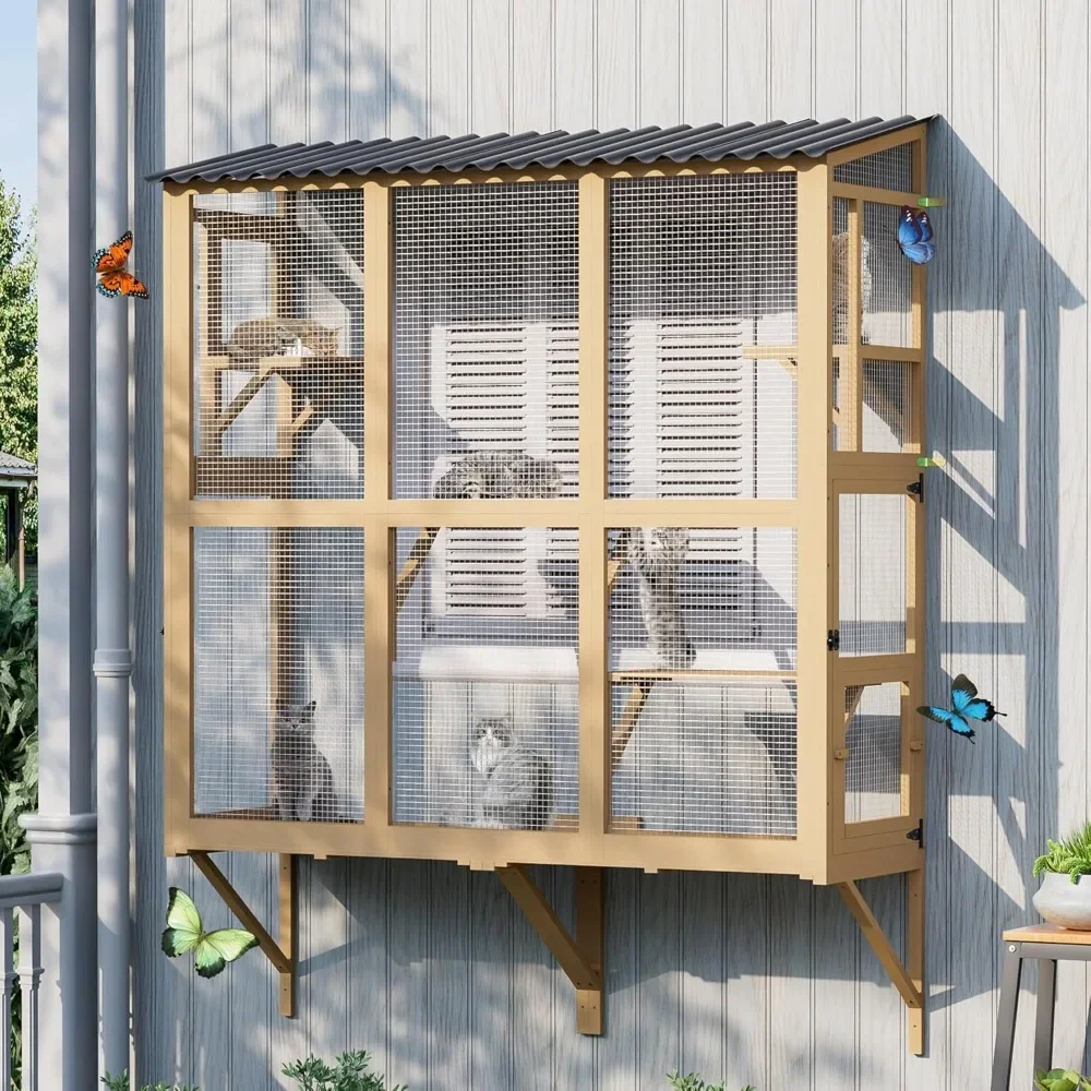 

large outdoor cat window perch, catio cat enclosure window box with 4 jump platforms and 4 doors, cats patio w/all-weather roof