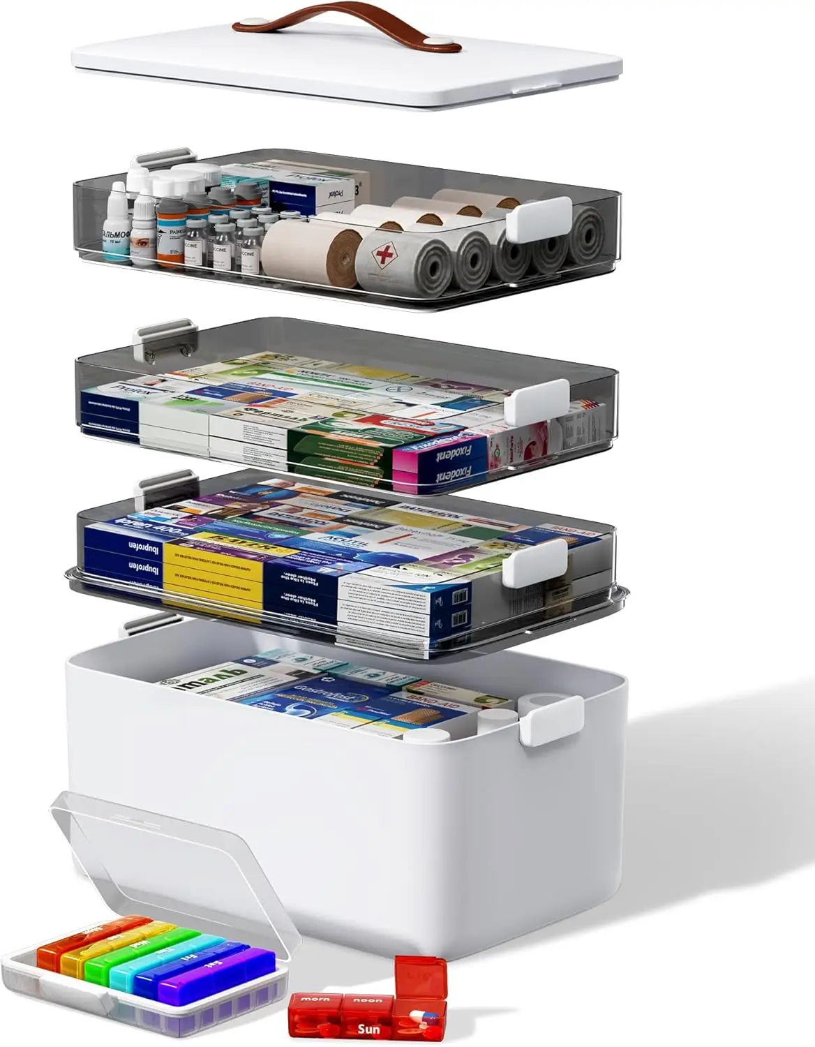 

Органайзер для лекарств на 4 яруса с кожаной ручкой, портативный еженедельный контейнер для таблеток для домашних нужд и хранения