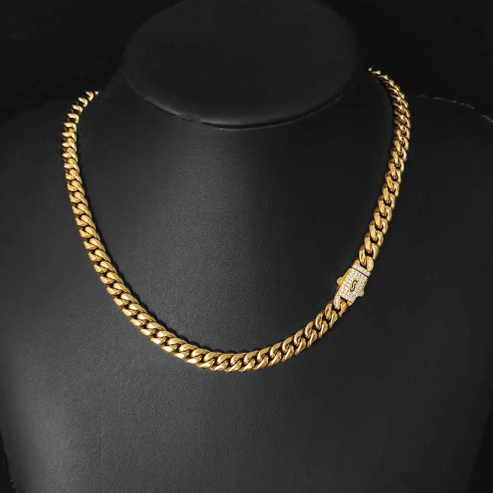 Imagem -04 - Banhado a Ouro Miami Cuban Link Chain Colar Hip Hop Logotipo Personalizado Fecho de Diamante Aço Inoxidável mm 18k