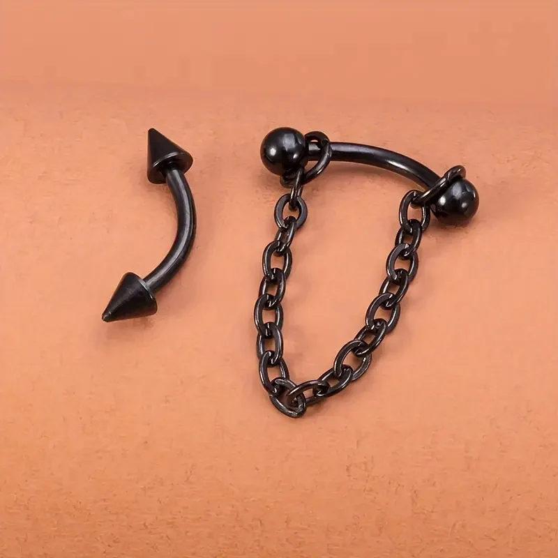 2pcs Stainless Steel Curved Barbell Eyebrow Ring with Chain Ball/Cone Cartilage Stud Earrings Multi-Purpose Piercing Jewelry