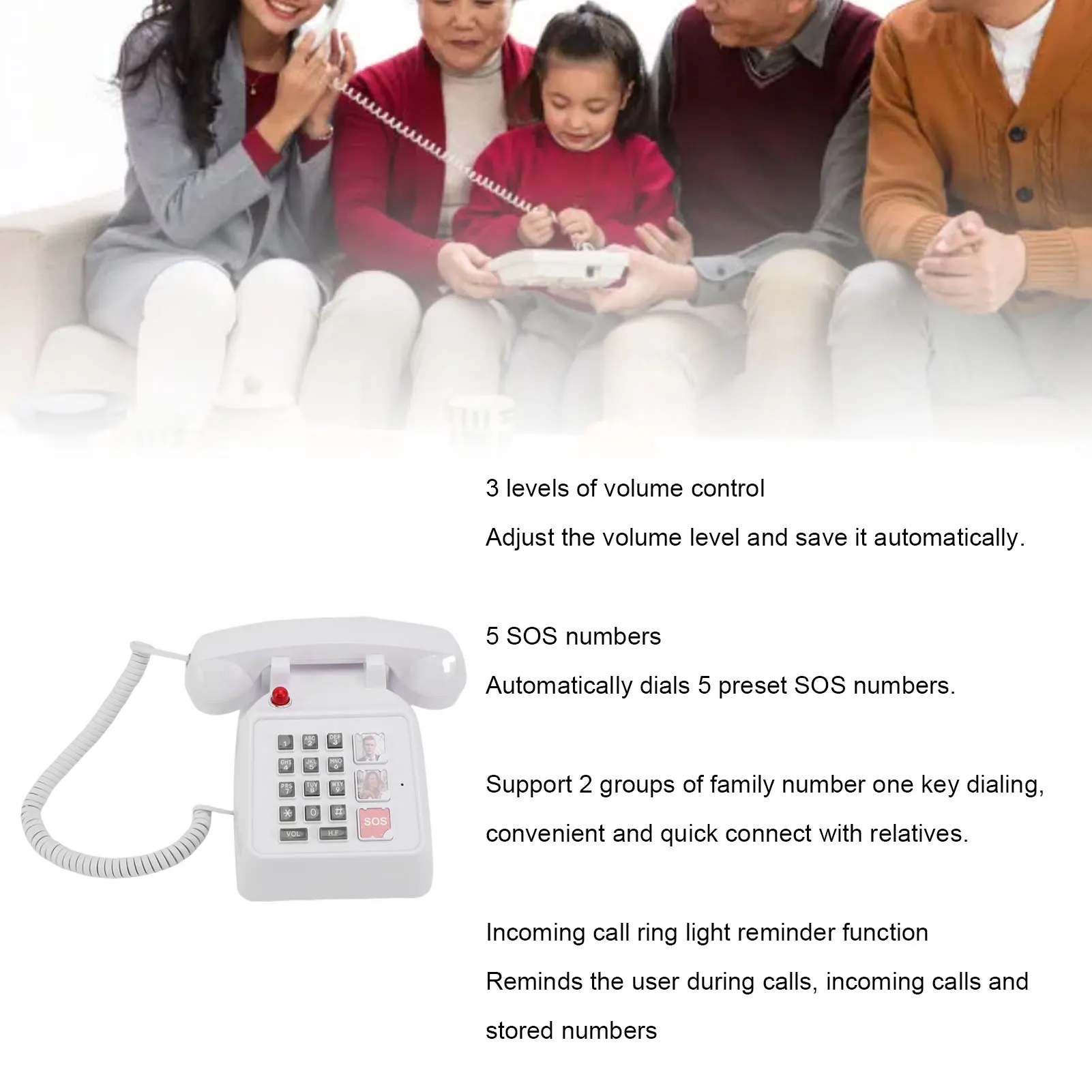 Telefono con pulsanti grandi Volume visivo regolabile 2 numeri di famiglia Telefono fisso con pulsanti grandi 5 numeri SOS per la casa