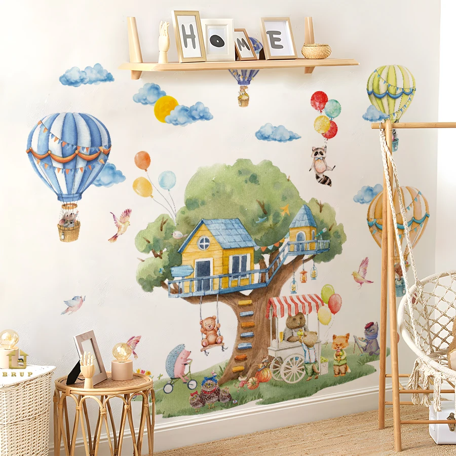 ملصقات جدارية على شكل شجرة كرتونية وحيوانات بالونات - ملصقات فينيل كبيرة قابلة للإزالة لديكور غرفة الأطفال وغرفة اللعب وغرفة الغابة الغريبة