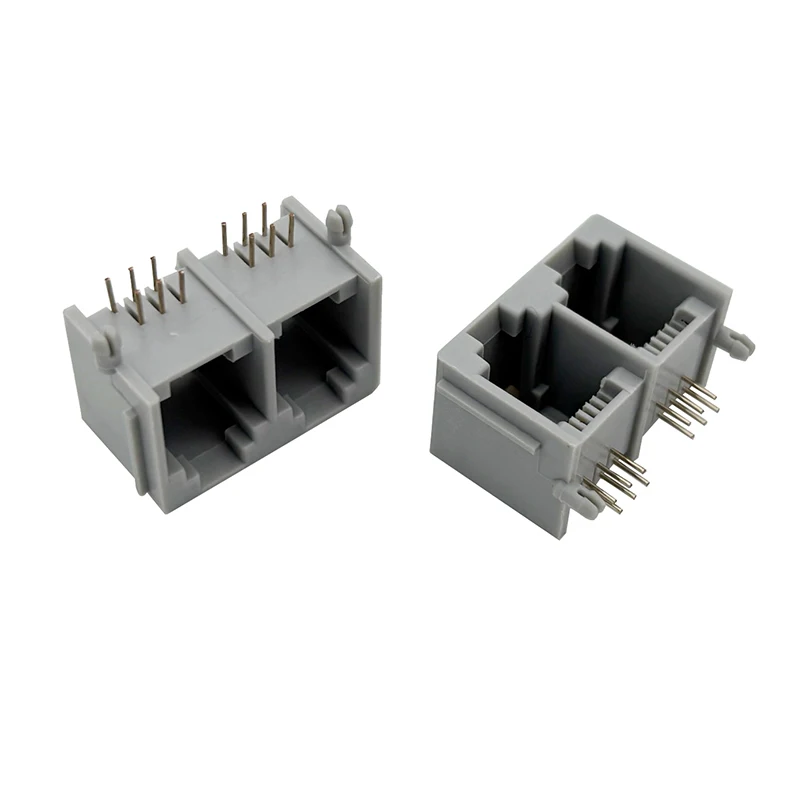 10 peças 5521 cinza 6p6c 1x2 com orelha rj11 soquete de telefone duplo interface de célula dupla horizontal de 90 graus