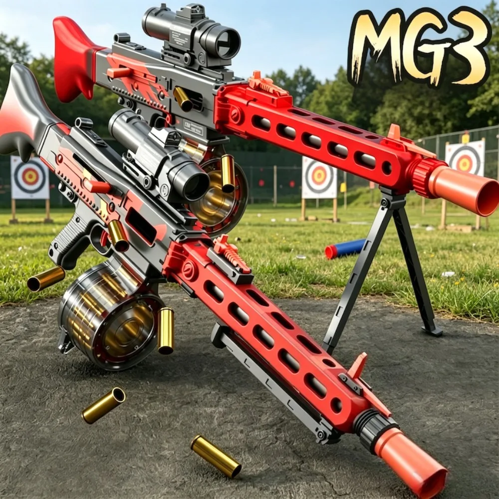 Heavy MG3 Soft Bullet Toy Gun, Shell Ejection Design with Drum Mag and Optical Sight for Backyard Shooting Game Birthday Gift