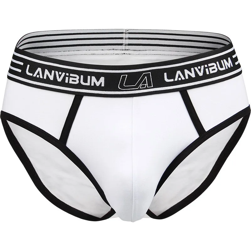 Men's Cotton Mid Waist Briefs Striped Brand Print Elastic Waist Contrast Edge Soft Stretch U Bulge Pouch Comfort Underpants