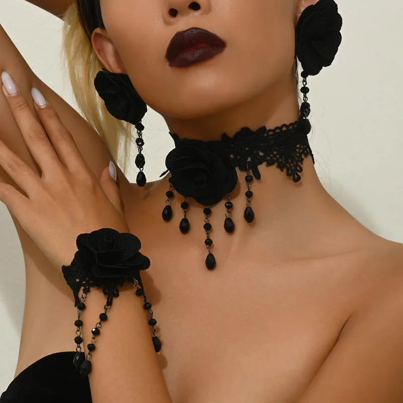 Red & Black Sexy Lace Choker Necklace with Rose Flower Beads Tassels for Women Fashion Clavicle Jewelry Accessory Girl Gift