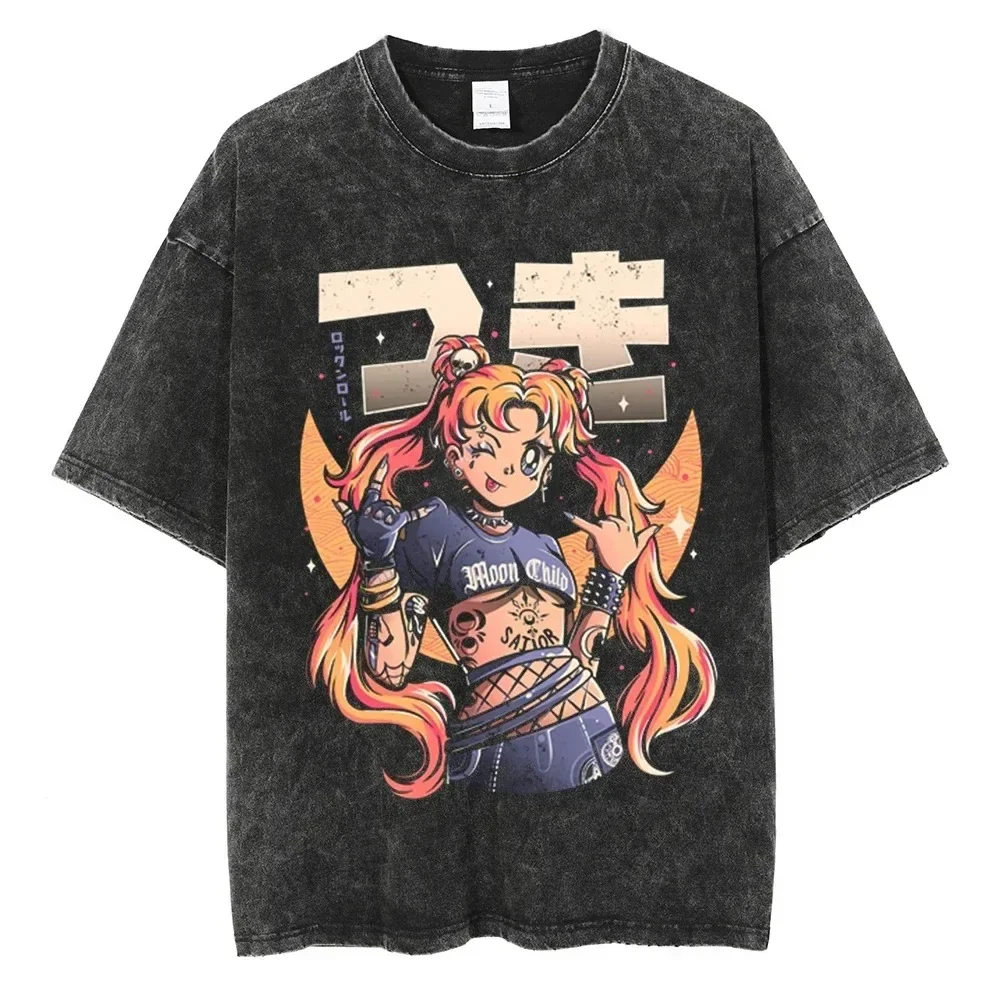 Sailor Moon Vintage Washed Men's T Shirts Printed Summer Amercan Streetwear HipHop Women's Oversized Short Sleeved Tee Harajuku