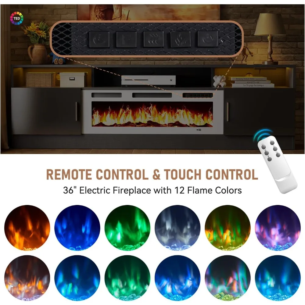 78 Fireplace TV Stand with Power Outlet for TVs UP to 90, Electric Fireplace Entertainment Center with LED Lights & Storage