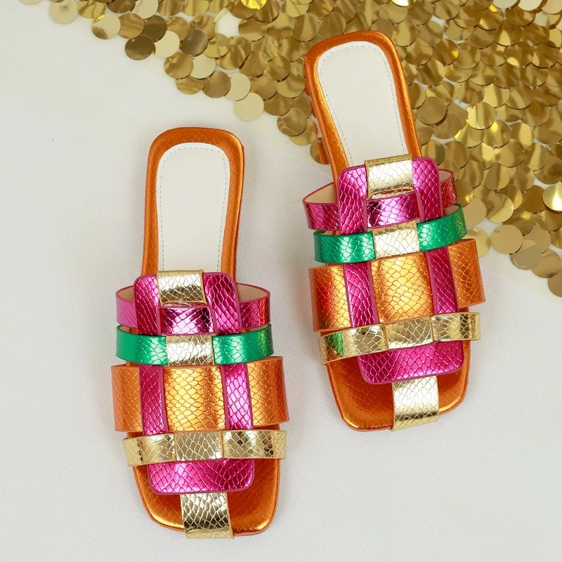 New Rainbow Color Weaved Mule Slides Woman Luxury Brand Design Square Toe Flat Sandals Ladies Summer Bright  Beach Slipper Shoes