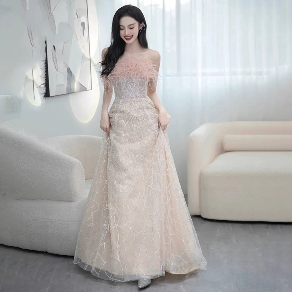 

Gorgeous Evening Dress Feather Strapless Sequins A-line Floor-Length Beading Lace Wedding Woman Cocktail Party Quinceanera Gowns