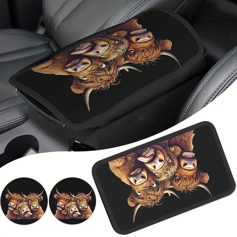3pcs Highland Cattle Car Armrest Cover & Cup Coasters (1 Car Armrest Cover + 2 Cup Coasters), Durable, Easy Installation