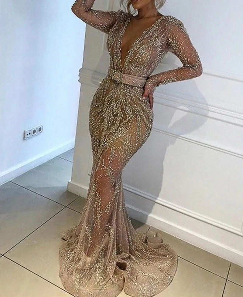 2021 New Style Women's Evening Full Dress Sexy Sequin Long Sleeve Full Dresses for Women Bridesmaid Dress