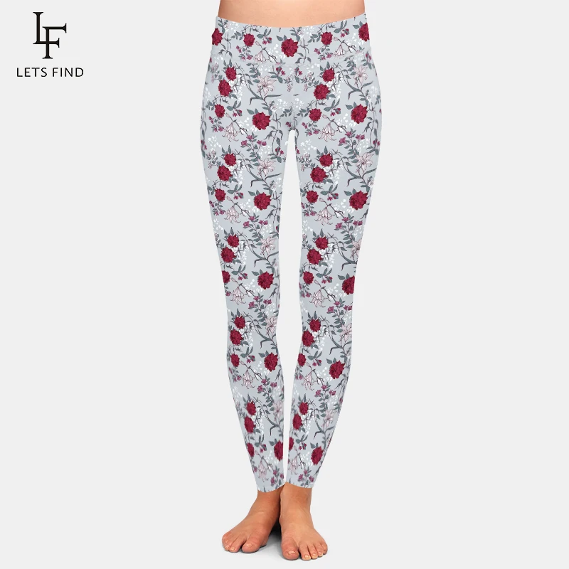 LETSFIND-Calças fitness para mulheres, padrão estampado em rosas e lírios 3D, cintura alta, leggings stretch finas, calças fitness na moda, seda leite, sexy, 230 g/m²