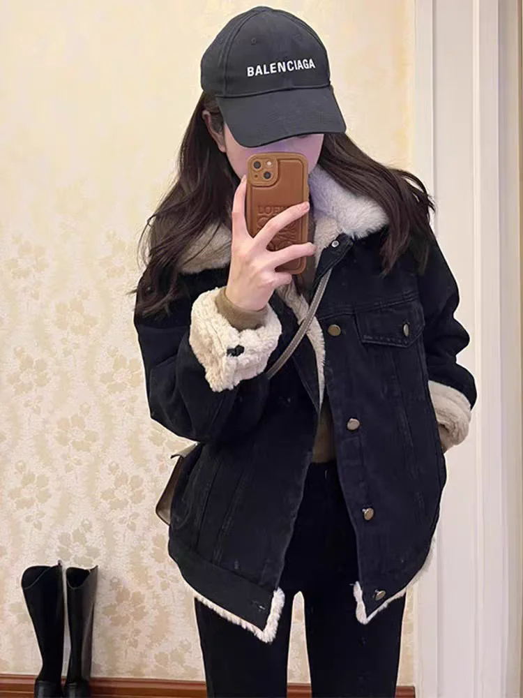 

Denim Coat Leopard Fur Plush Womens Winter Quilted Hooded Regular-Fit Gothic Punk Nightclub Party Raglan Lining Jackets Oversize