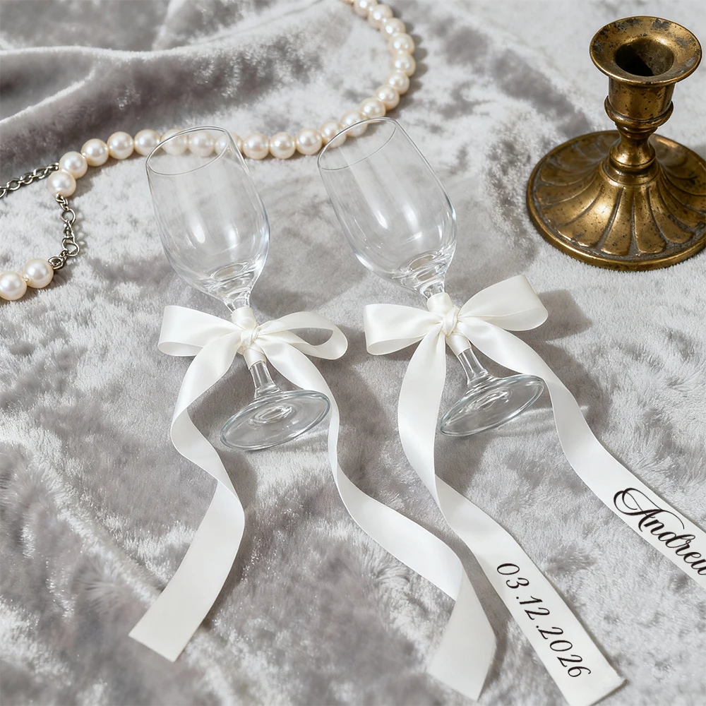 5pcs Custom Name Wine Glass Bows, Personalized Wedding Champagne Ribbon Markers, Elegant Drink Party Decor, Bridal Table Setting