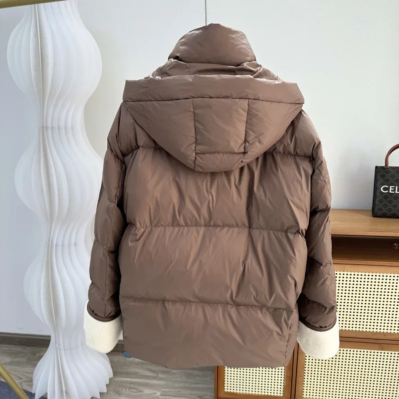 Winter European Women's Down Jacket Commuting Hooded Loose Windproof PU Leather Jacket