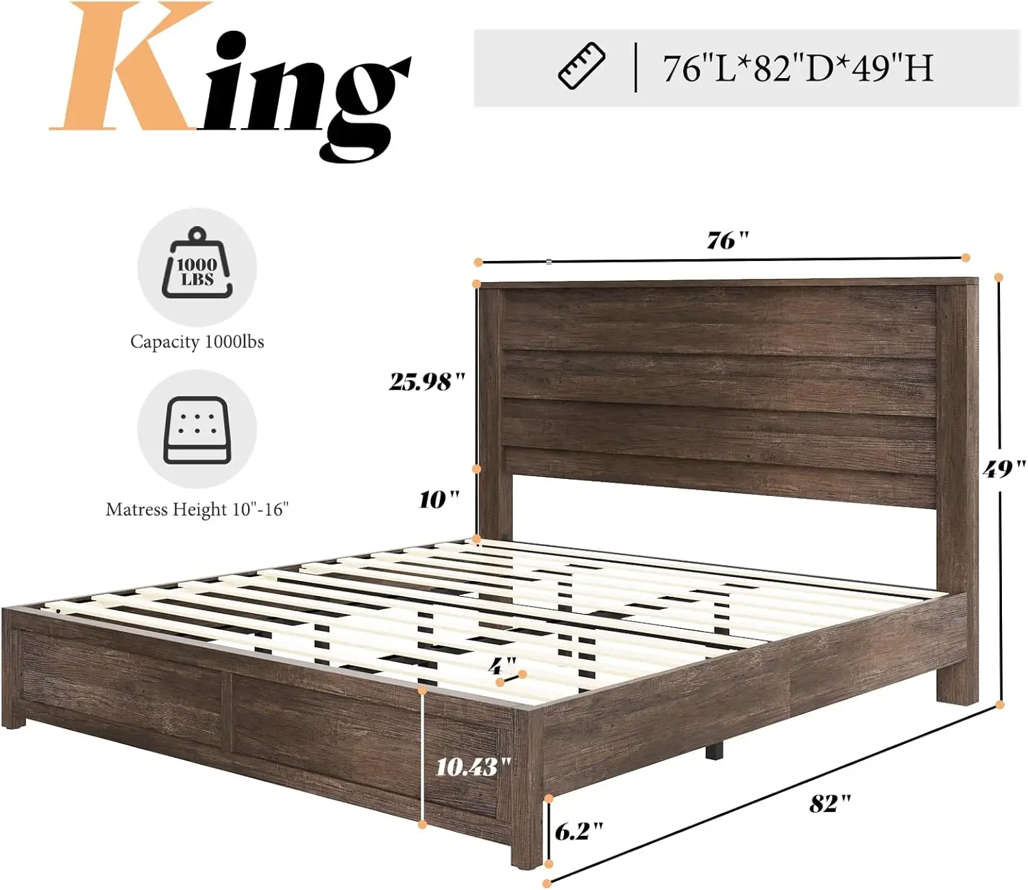 AMERLIFE Farmhouse King Size Bed Frame with 49