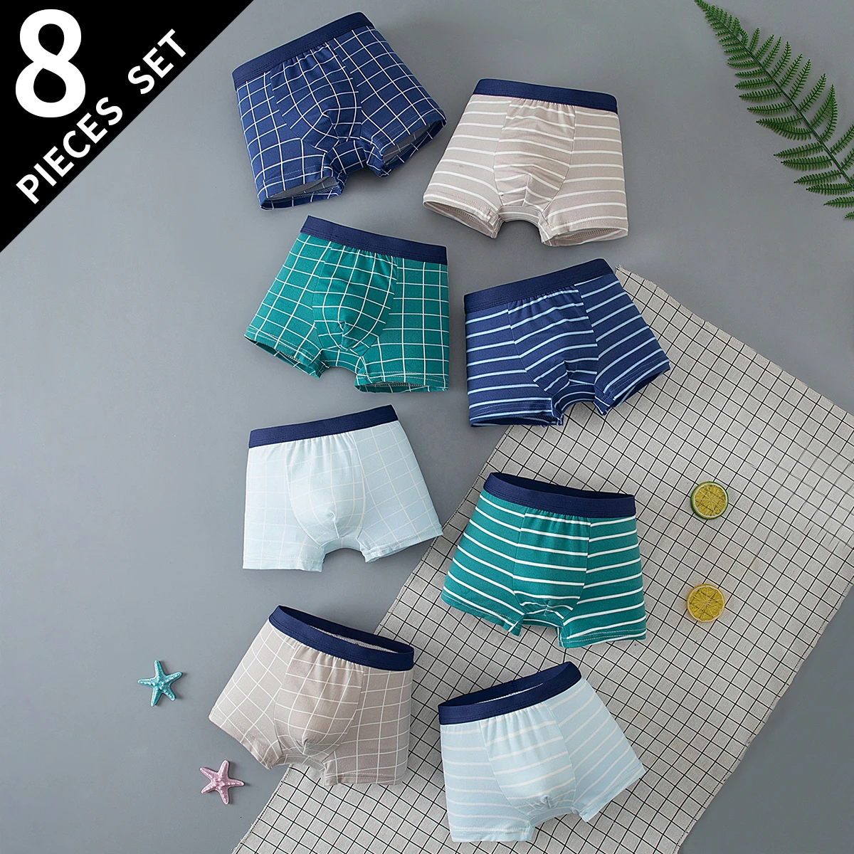 8-piece set of children's underwear, cute soccer dinosaur printed flat corner pants, boys' soft home shorts, versatile sleepwear