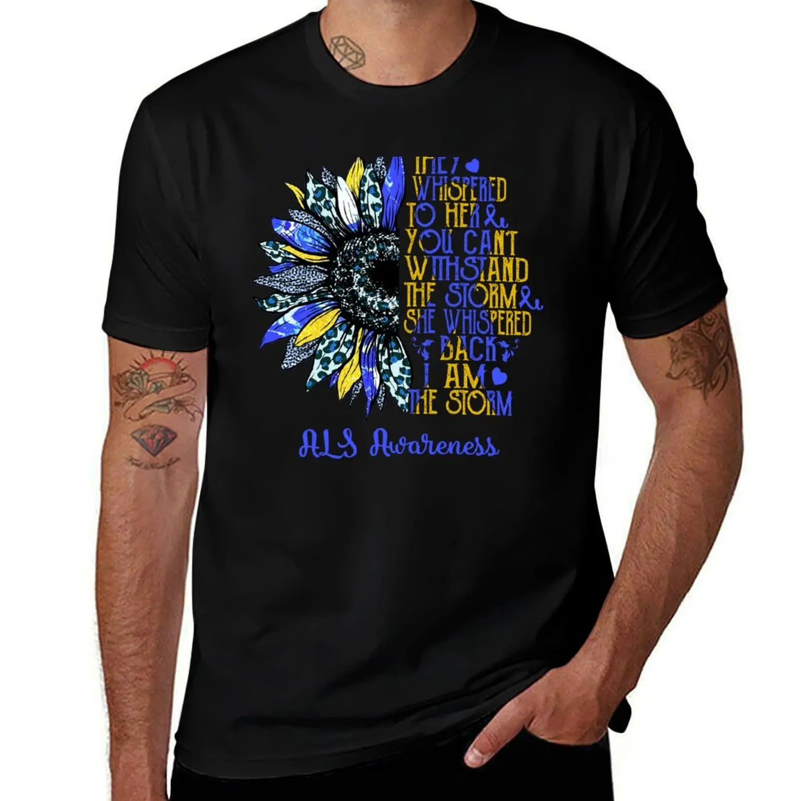 

I Am The Storm Sunflower Leopard ALS Awareness T-Shirt man t shirts high quality luxury brand cotton tshirt 100% T-Shirt
