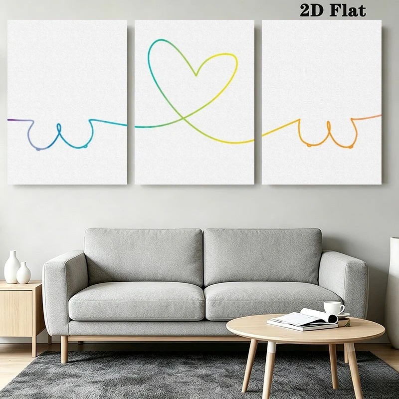 2D Flat, 3pcs Modern Abstract Geometric Wall Art - Panel Suitable for Living Room, Bedroom, Office Decor | Colorful Line Hear